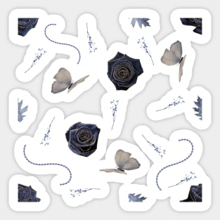 Glitter Goth Blue Gold Rose Butterfly Botanical Sticker